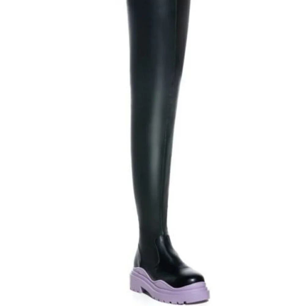 CAN YOU STAND IT ? THIGH HIGH PERIWINKLE FLATFORM  W/ 4 WAY STRETCH BRAND NEW !!
